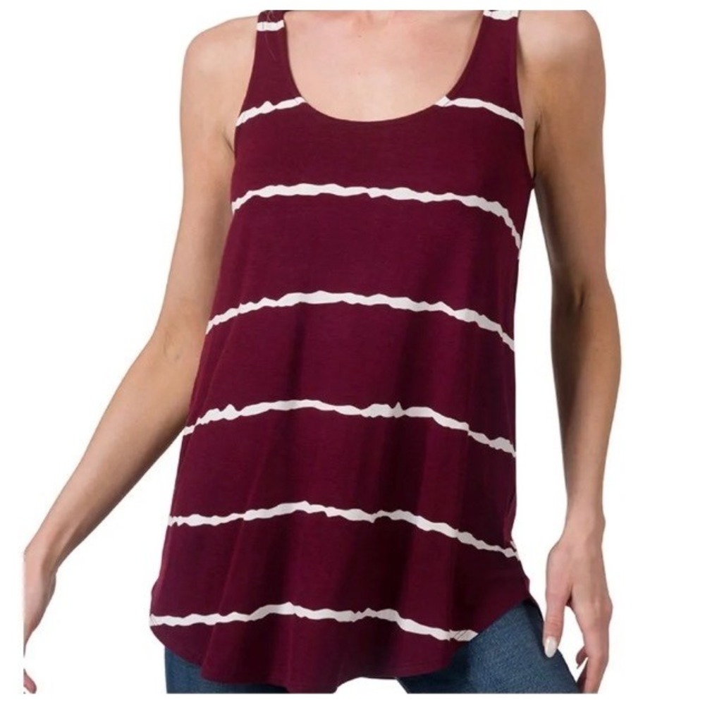 Zenana Womens Burgundy White Striped Scoop Neck Tank Top -XL
